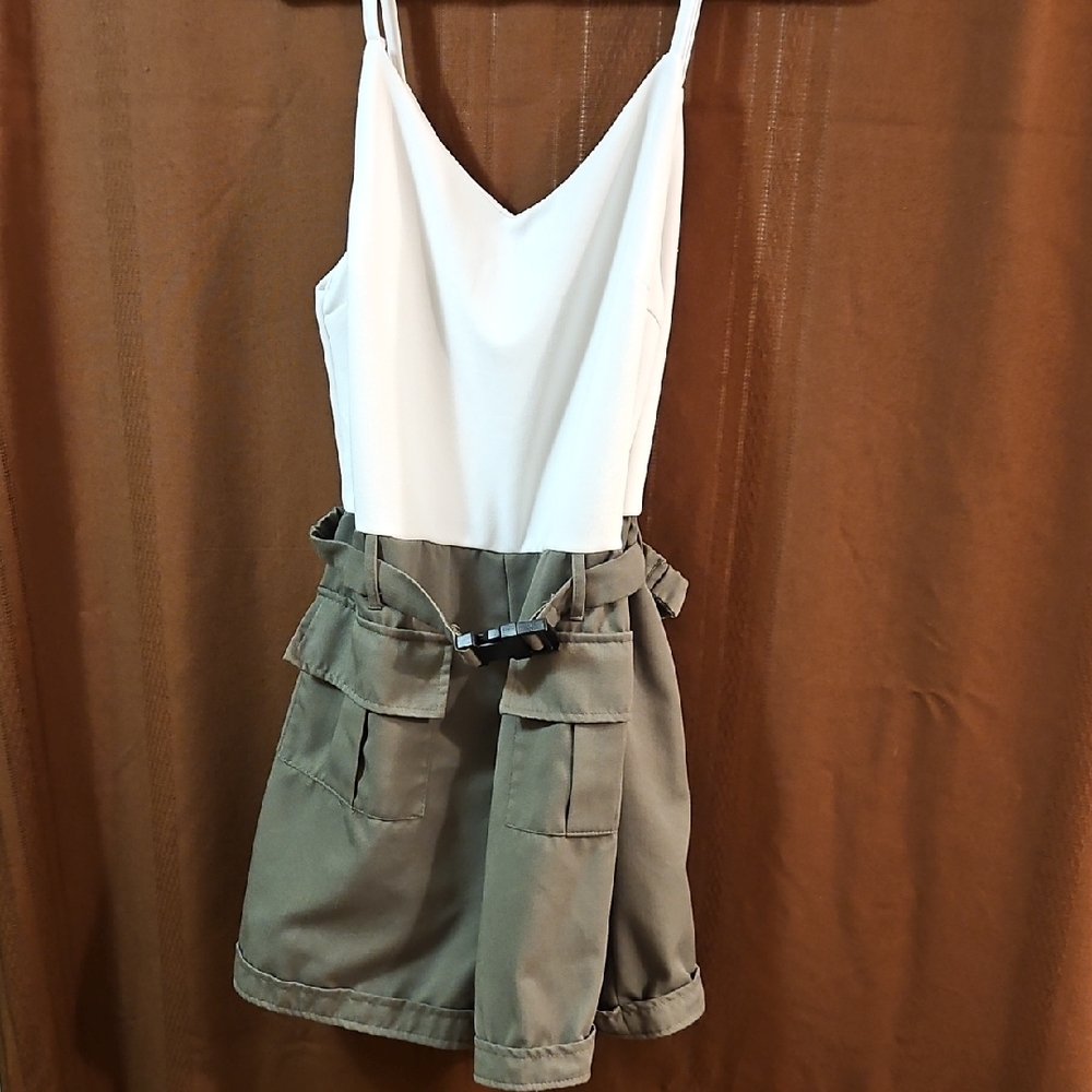 Stylish White and Olive Romper with Belt